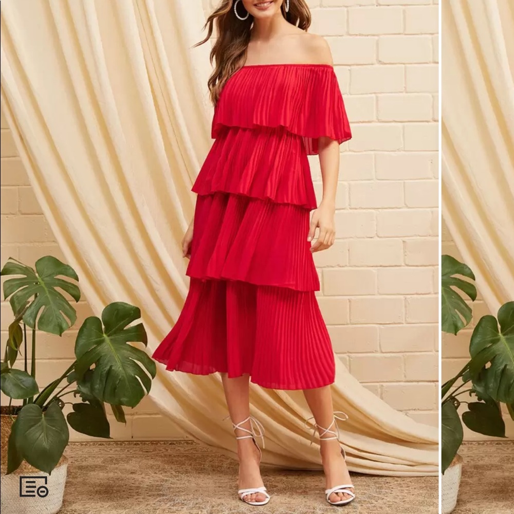 Red off shoulder layered pleated tier dress - NWOT - Picture 2 of 6